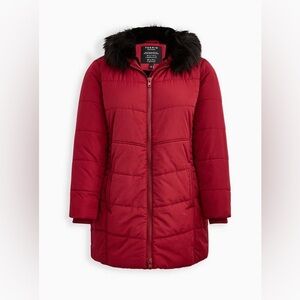 NWT Torrid Nylon Black Fur Trim Fit And Flare Maroon Hooded Puffer Size: 1X